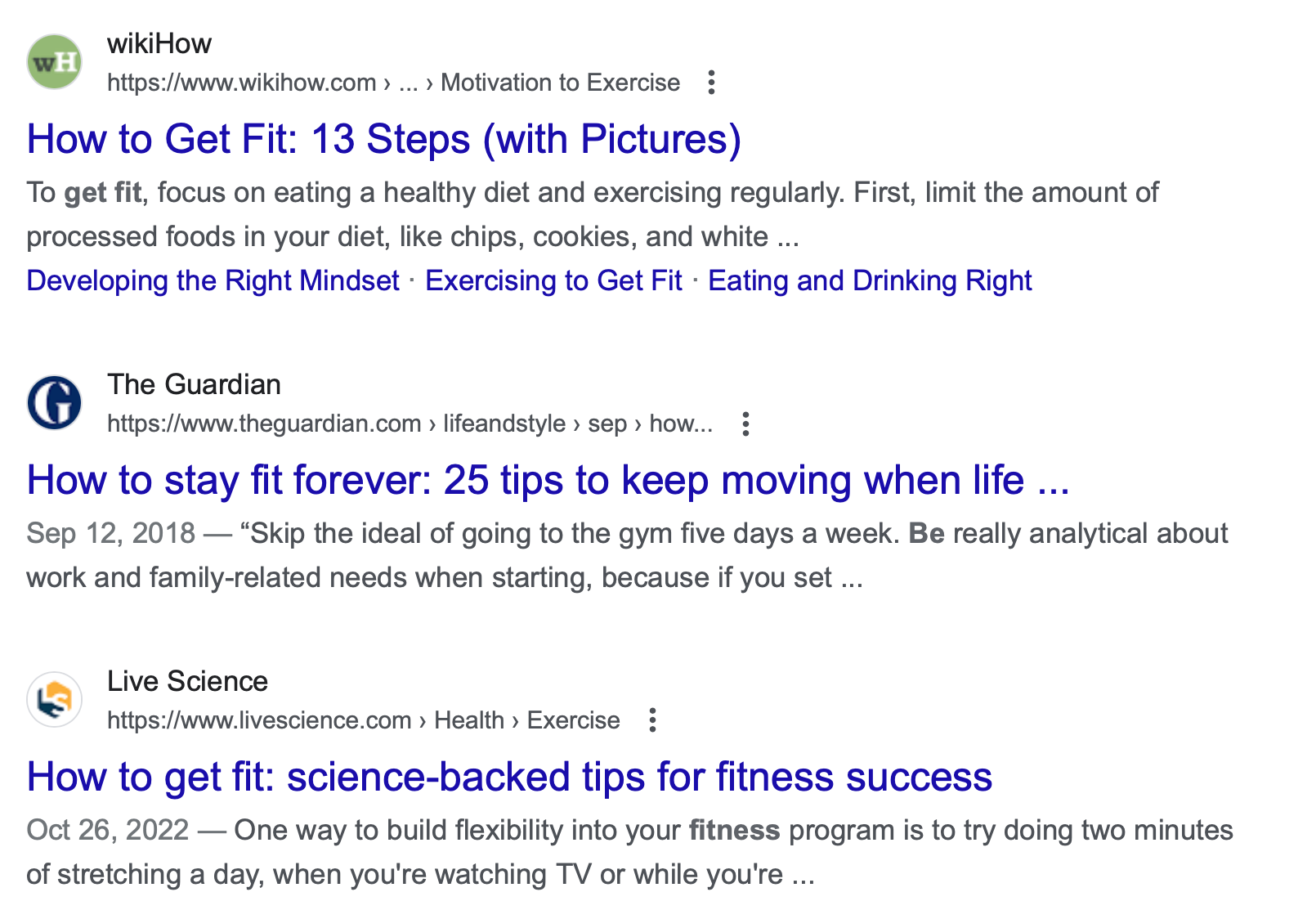 Competitor and SERP analysis for “how to get fit.”