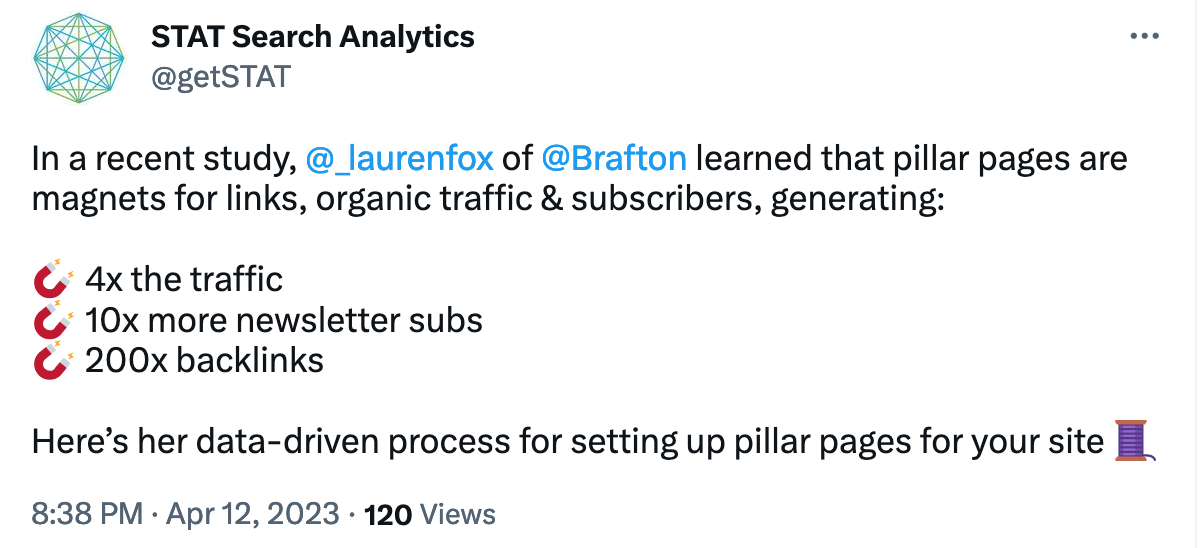 Tweet by STAT Search Analytics talking about the power of the pillar page strategy.